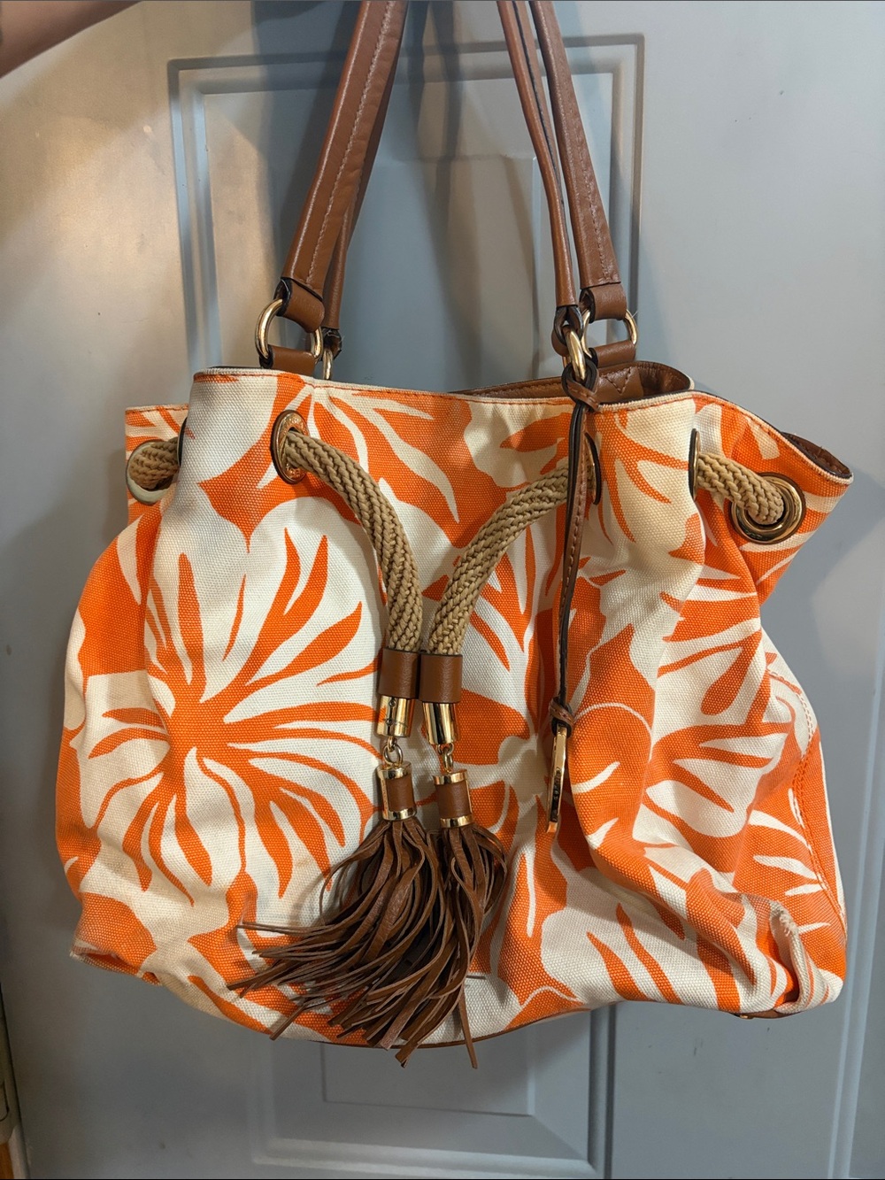 Orange and White Michael Kors Bag with Tassel Detail